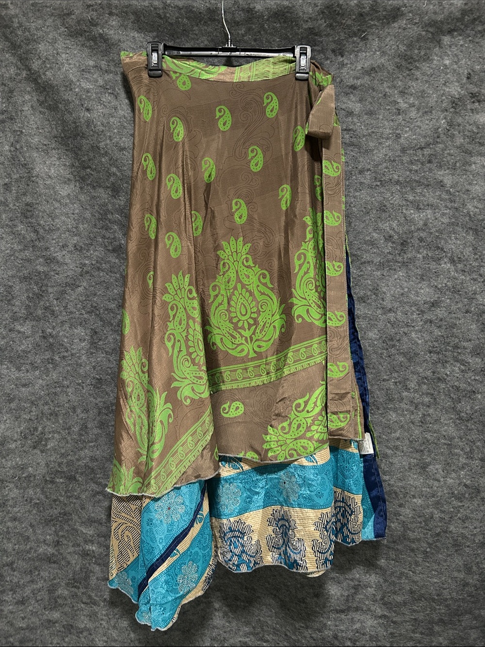 EARTHBOUND Brown Maxi Skirt with Green Paisley and Blue Hem